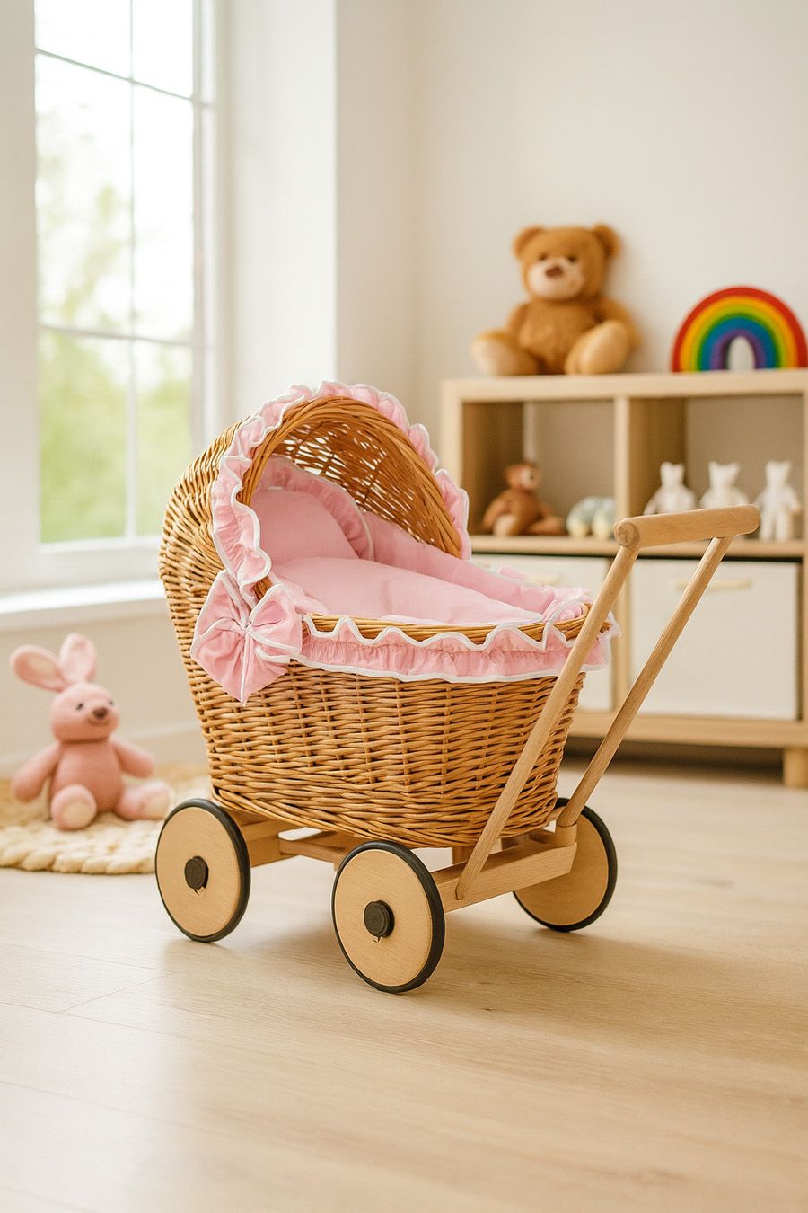Wicker doll pushchair with pink bedding and soft padding CHIARA - natural