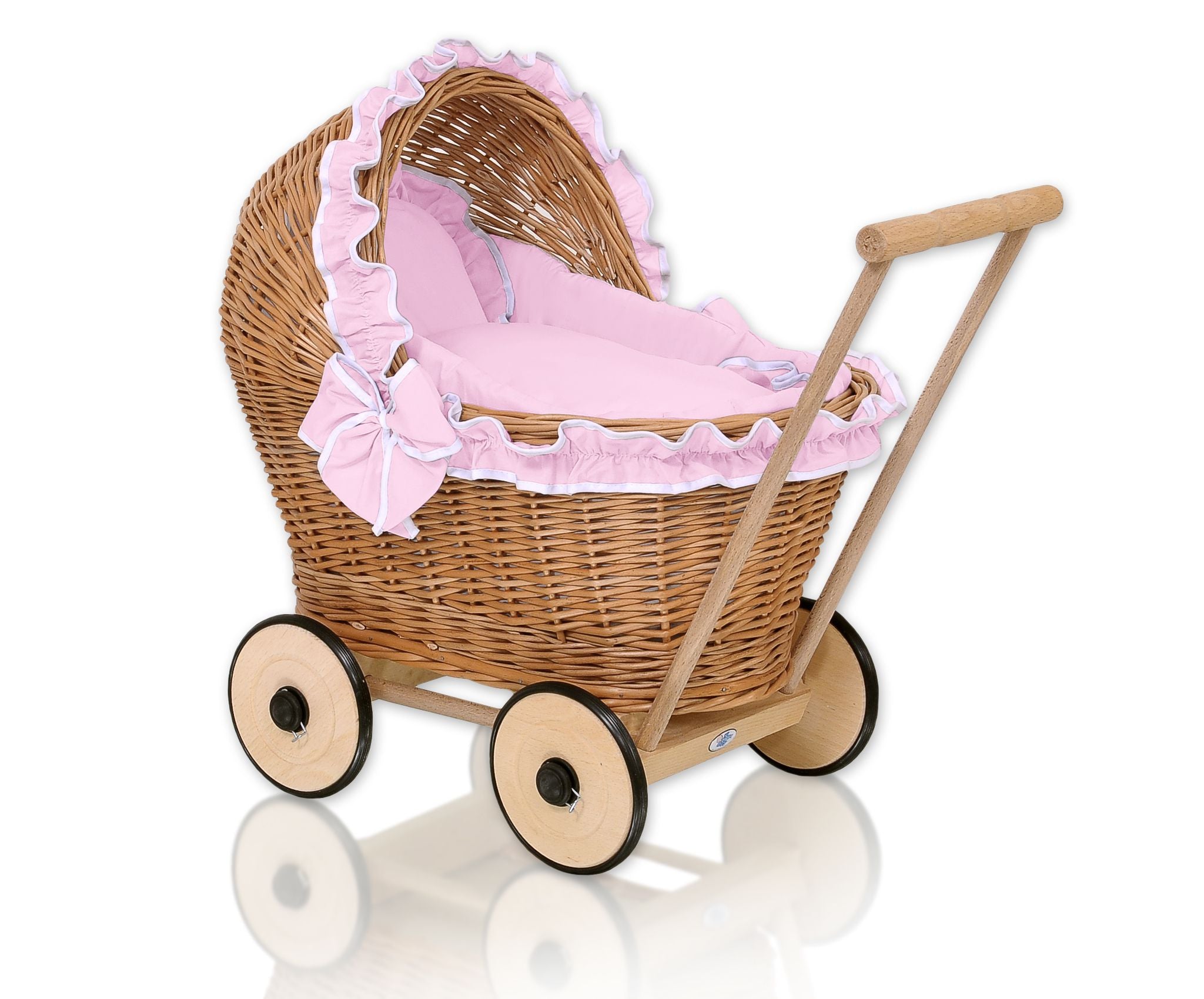 Wicker doll pushchair with pink bedding and soft padding CHIARA - natural