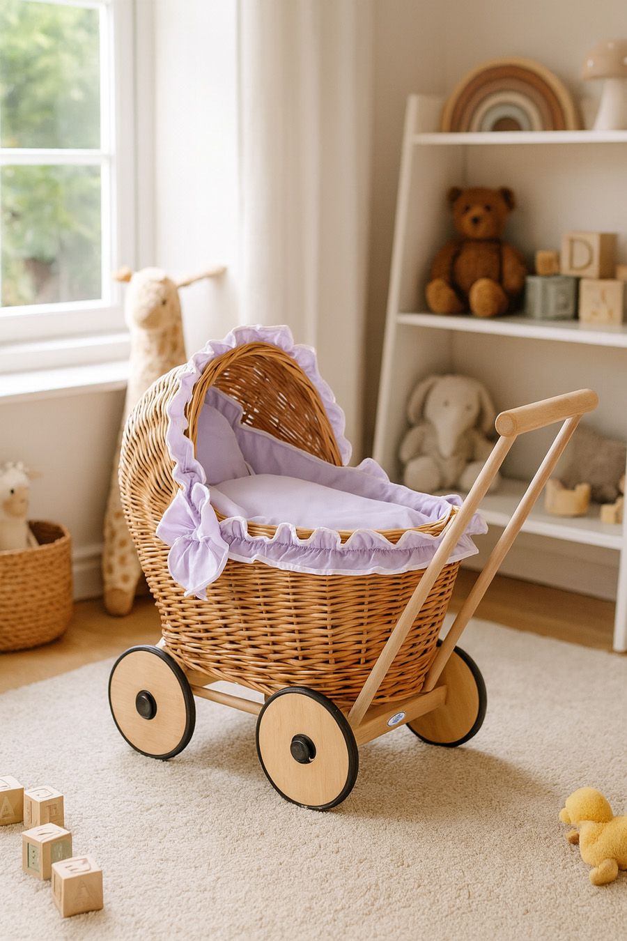 Wicker doll pushchair with lila bedding and soft padding CHIARA - natural