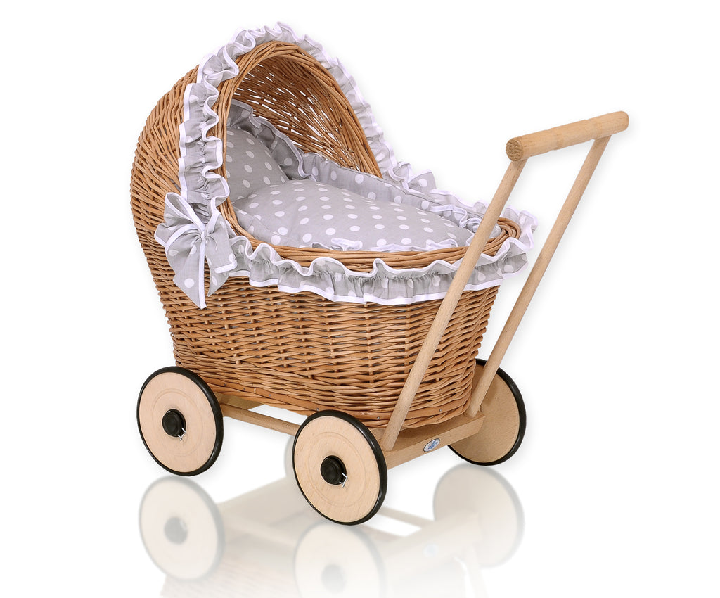 Wicker doll pushchair with grey bedding and soft padding CHIARA - natural