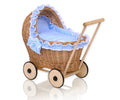Wicker doll pushchair with blue bedding and soft padding CHIARA - natural