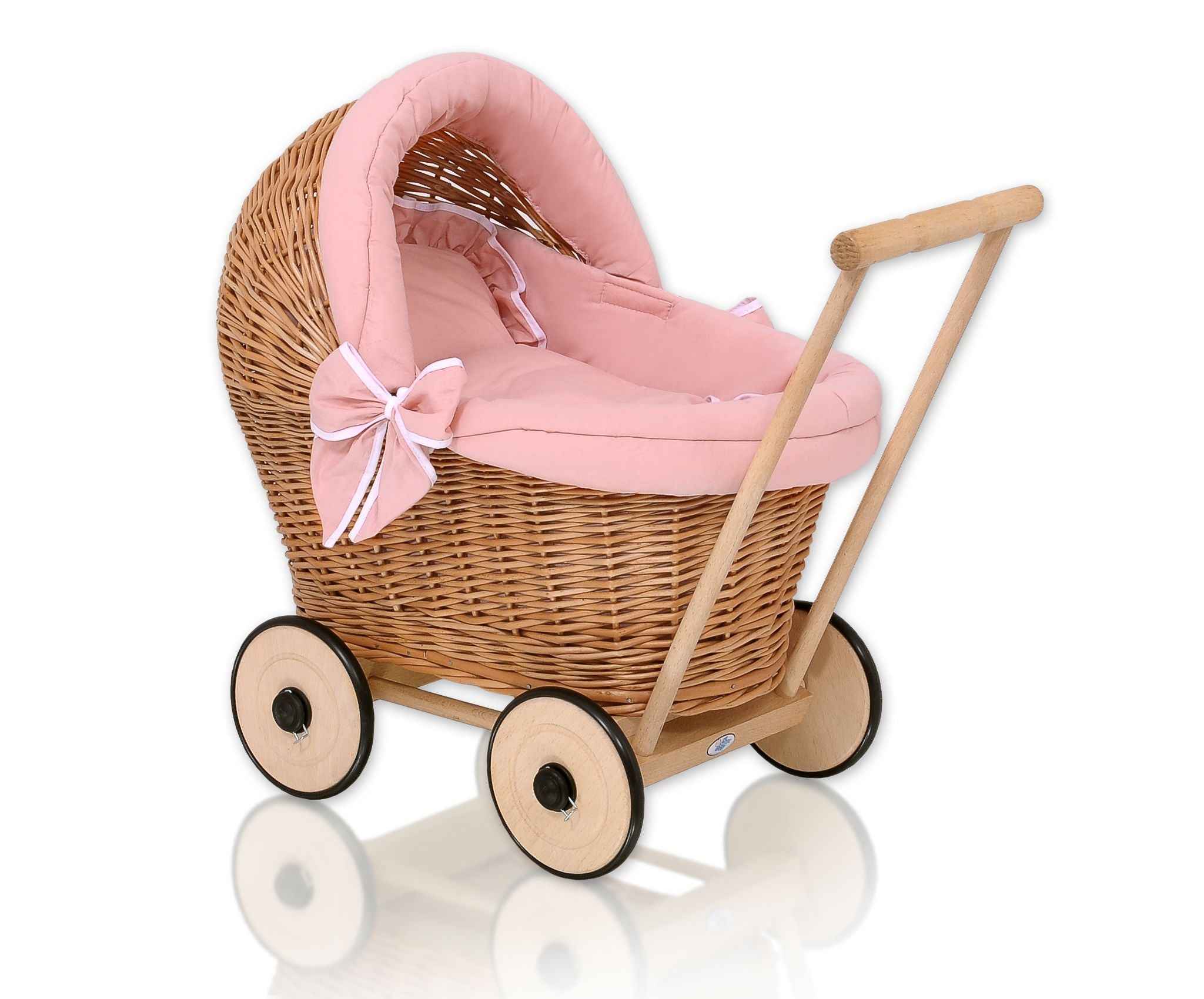 Wicker doll pushchair with pastel pink bedding and soft padding STELLA - natural