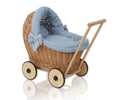 Wicker doll pushchair with bedding dusty blue and soft padding STELLA - natural