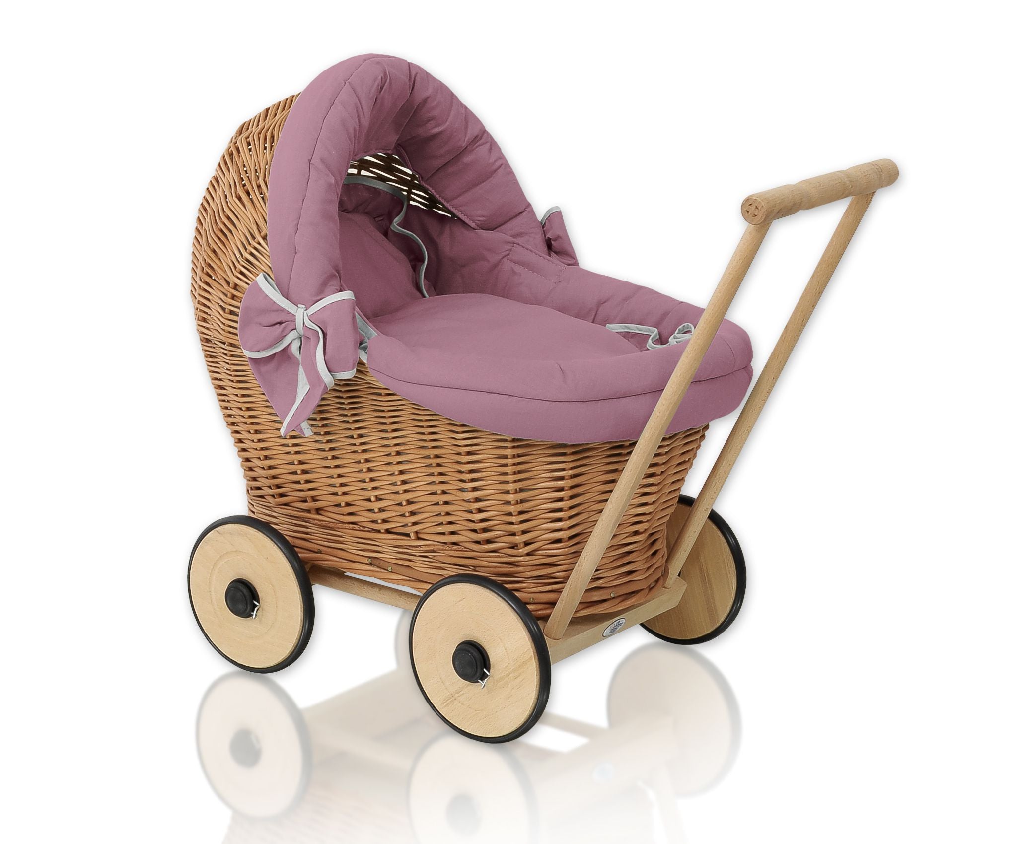 Wicker doll pushchair with bedding dusty rose and soft padding STELLA - natural