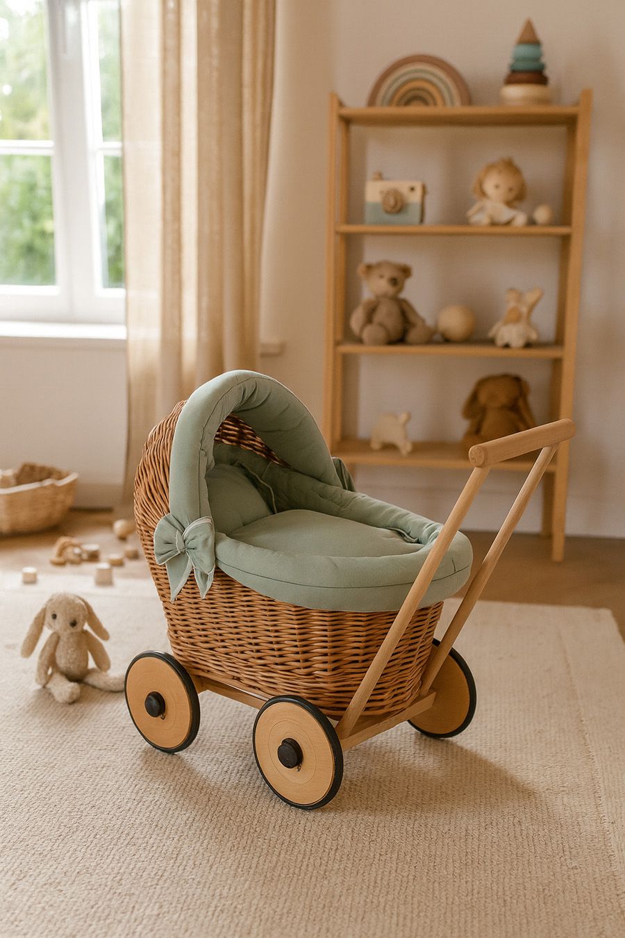 Wicker doll pushchair with sage bedding and soft padding STELLA - natural