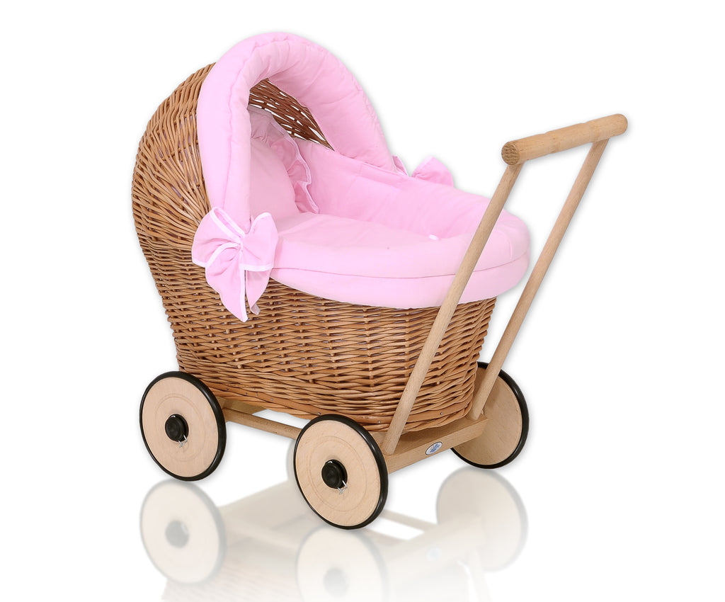 Wicker doll pushchair with pink bedding and soft padding STELLA - natural