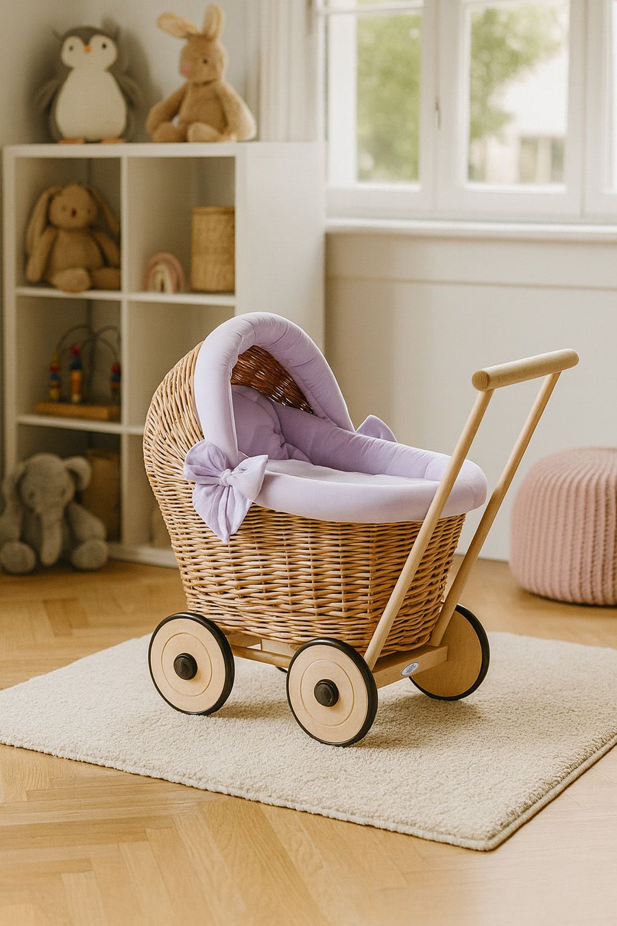 Wicker doll pushchair with lila bedding and soft padding STELLA - natural
