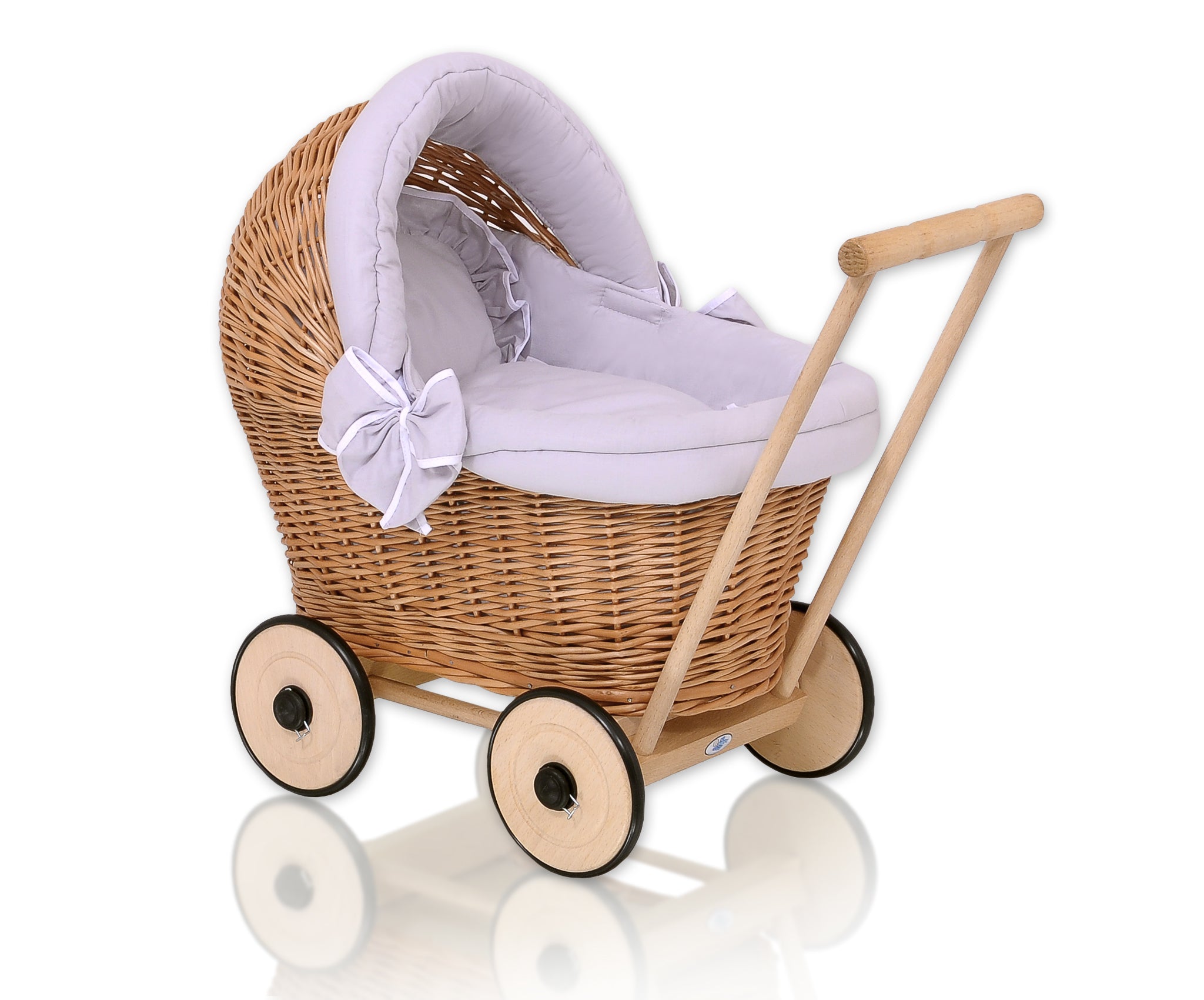 Wicker doll pushchair with grey bedding and soft padding STELLA - natural