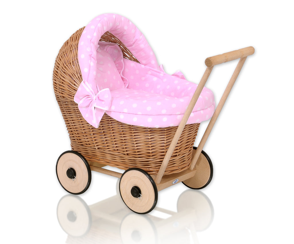 Wicker doll pushchair with pink bedding and soft padding STELLA - natural