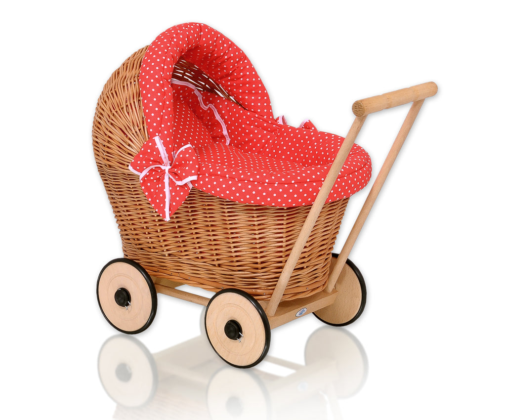 Wicker doll pushchair with red bedding and soft padding  STELLA - natural