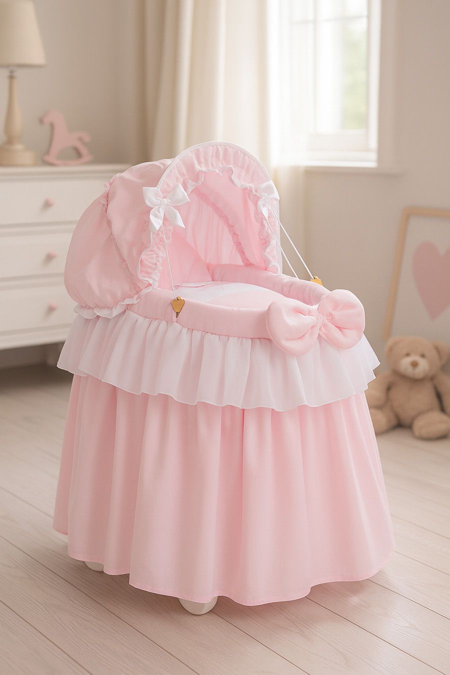 Wicker crib for doll Moses basket for dolls with hood LITTLE PRINCESS pink