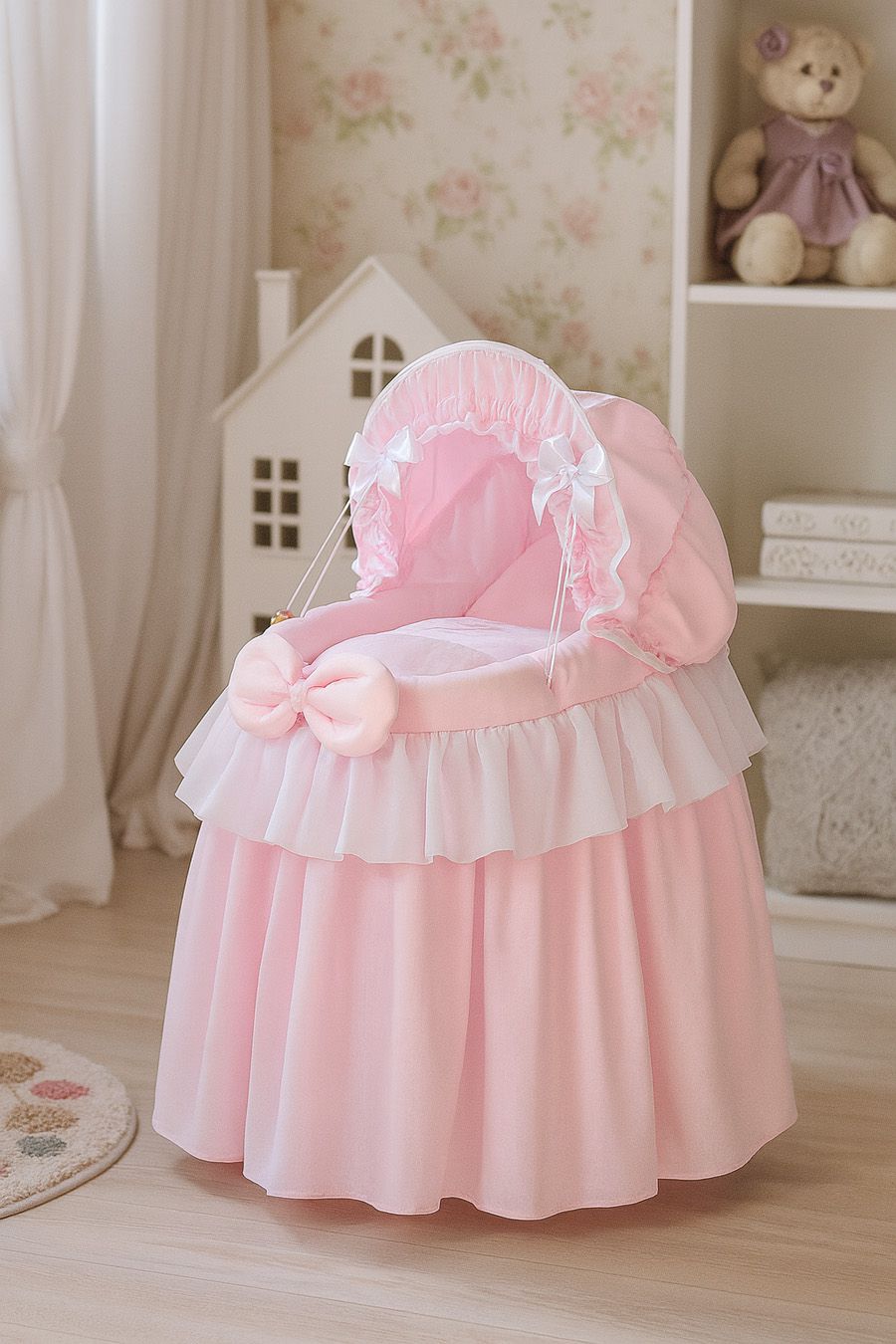Wicker crib for doll Moses basket for dolls with hood LITTLE PRINCESS pink