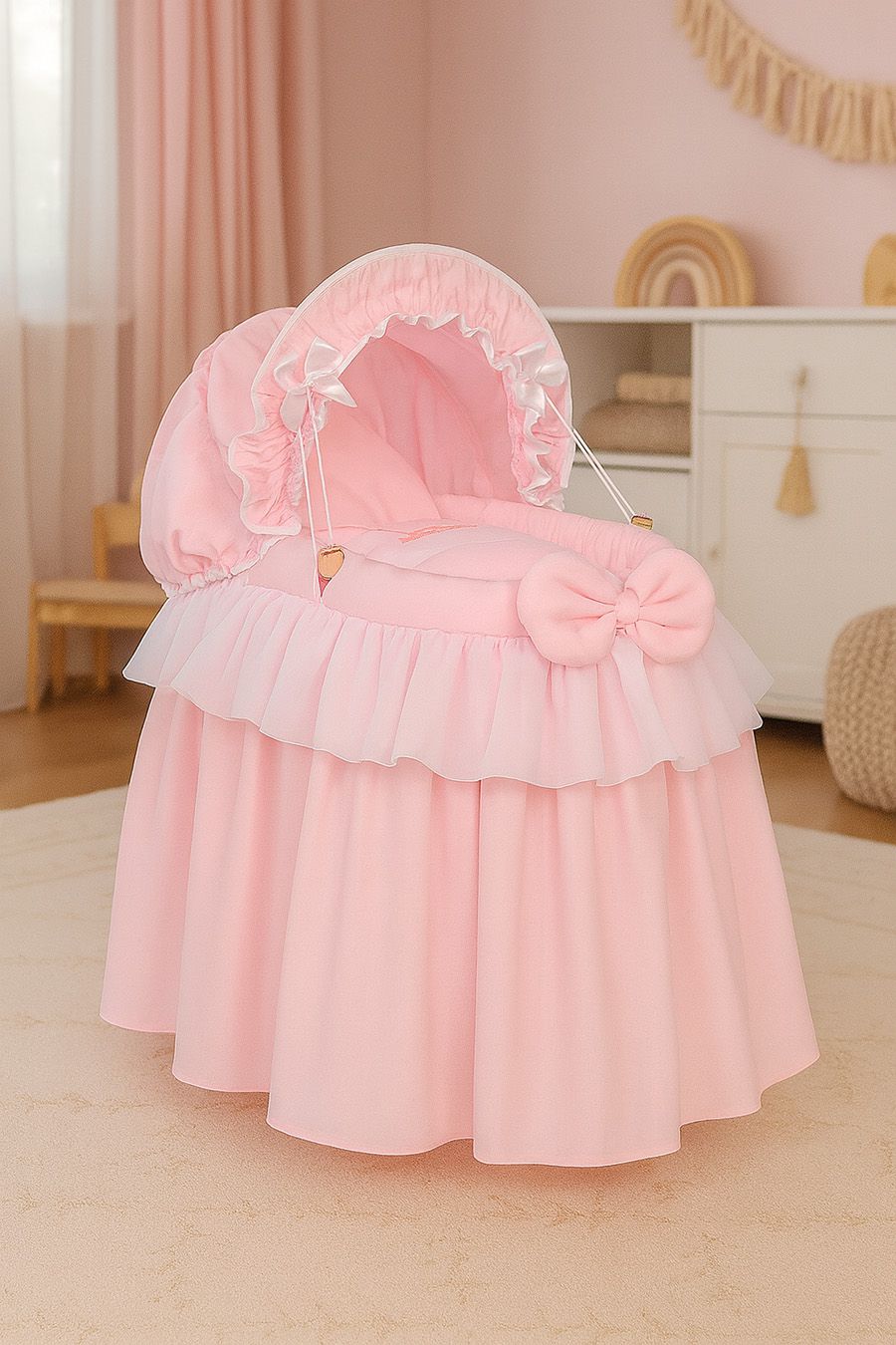 Wicker crib for doll Moses basket for dolls with hood LITTLE PRINCESS pink