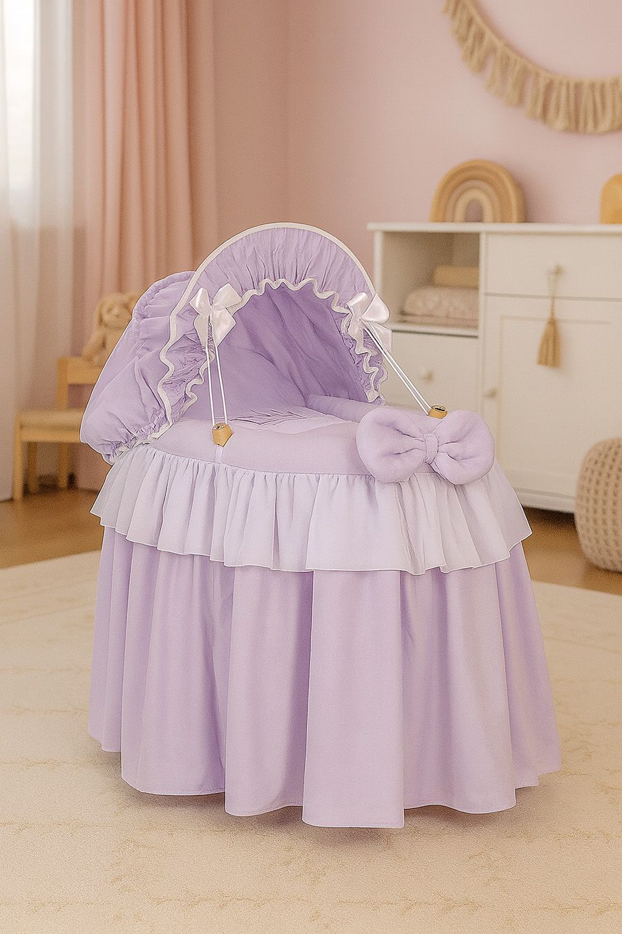 Wicker crib for doll Moses basket for dolls with hood LITTLE PRINCESS lilac