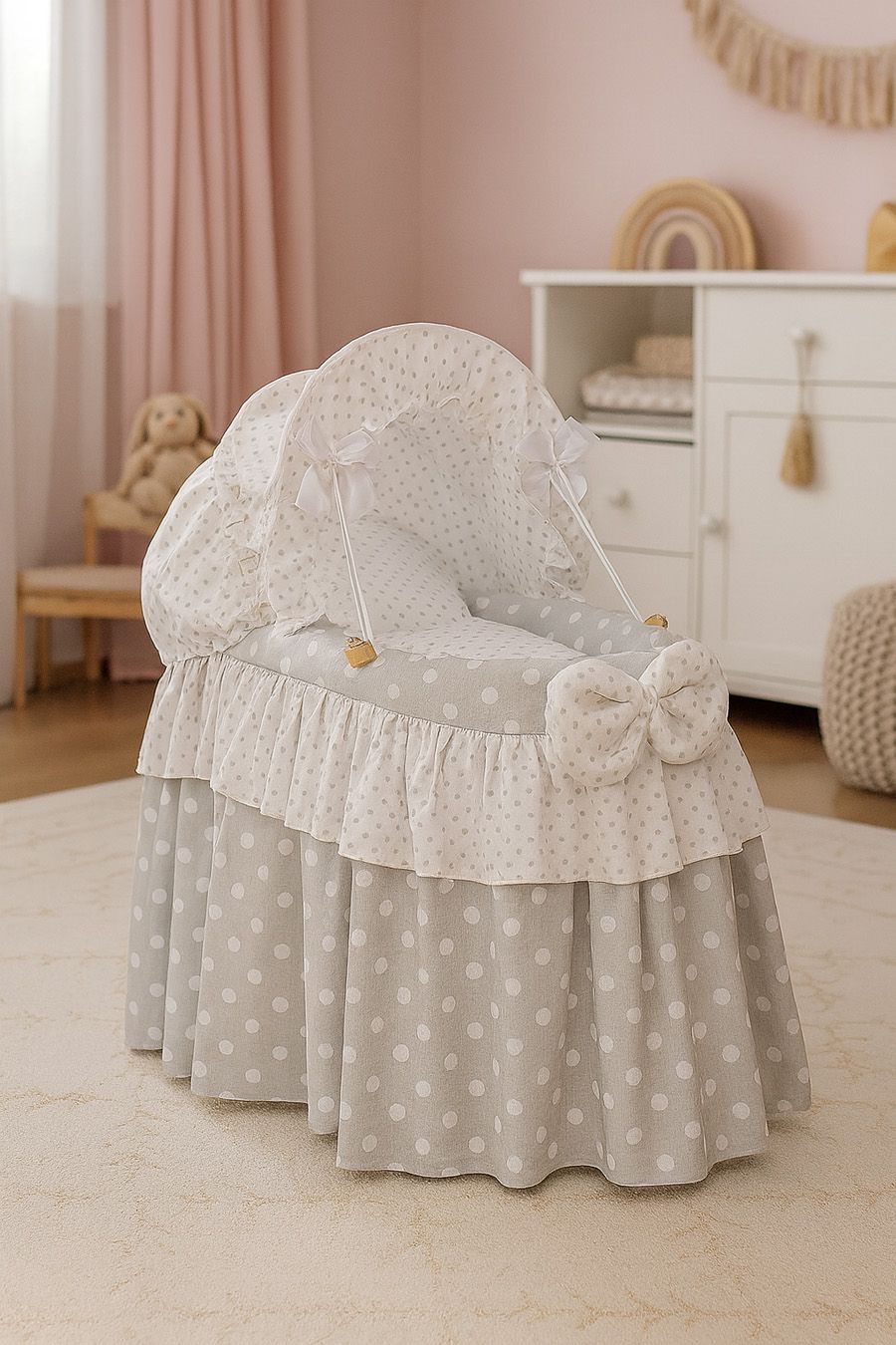 Wicker crib for doll Moses basket for dolls with hood LAURA grey