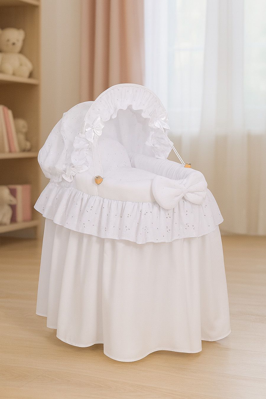 Wicker crib for doll Moses basket for dolls with hood AURORA white with embroidered lace