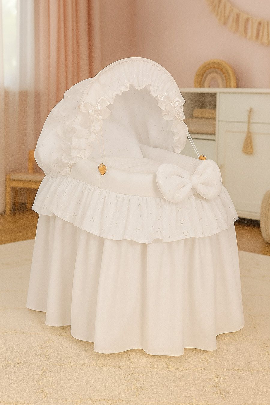 Wicker crib for doll Moses basket for dolls with hood AURORA white with embroidered lace