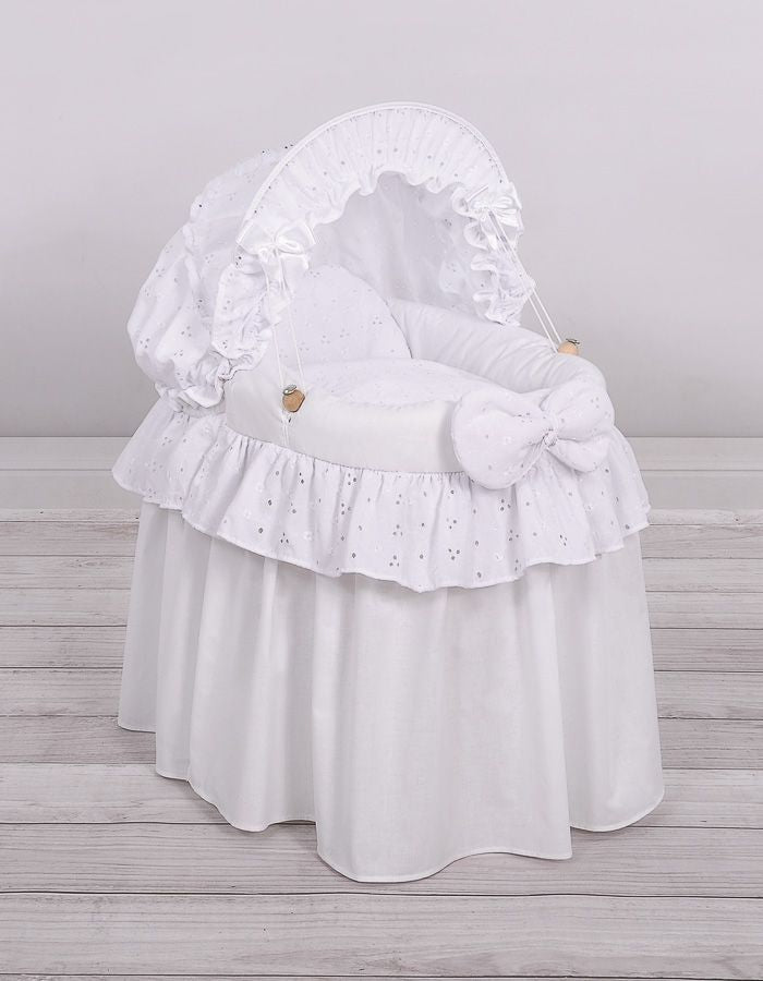 Wicker crib for doll Moses basket for dolls with hood AURORA white with embroidered lace