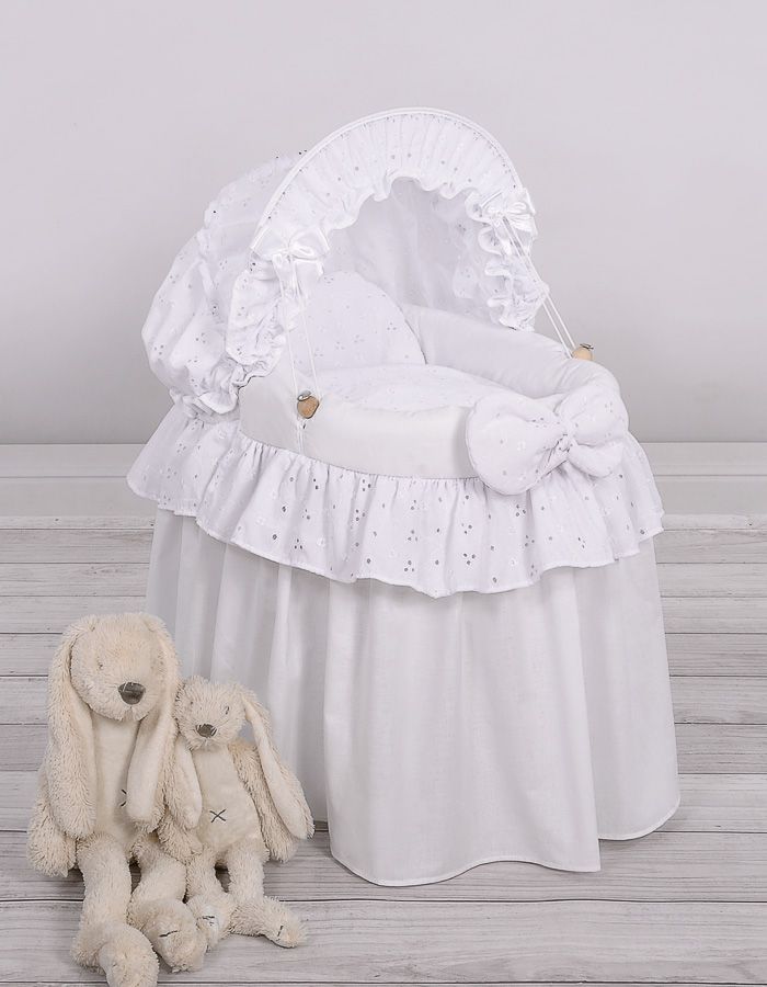 Wicker crib for doll Moses basket for dolls with hood AURORA white with embroidered lace