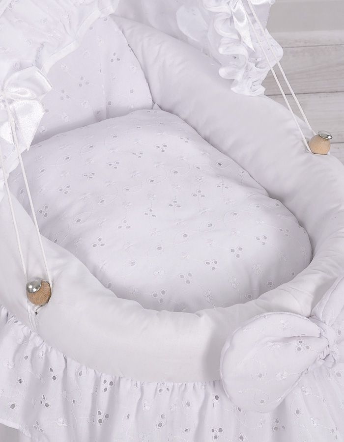 Wicker crib for doll Moses basket for dolls with hood AURORA white with embroidered lace