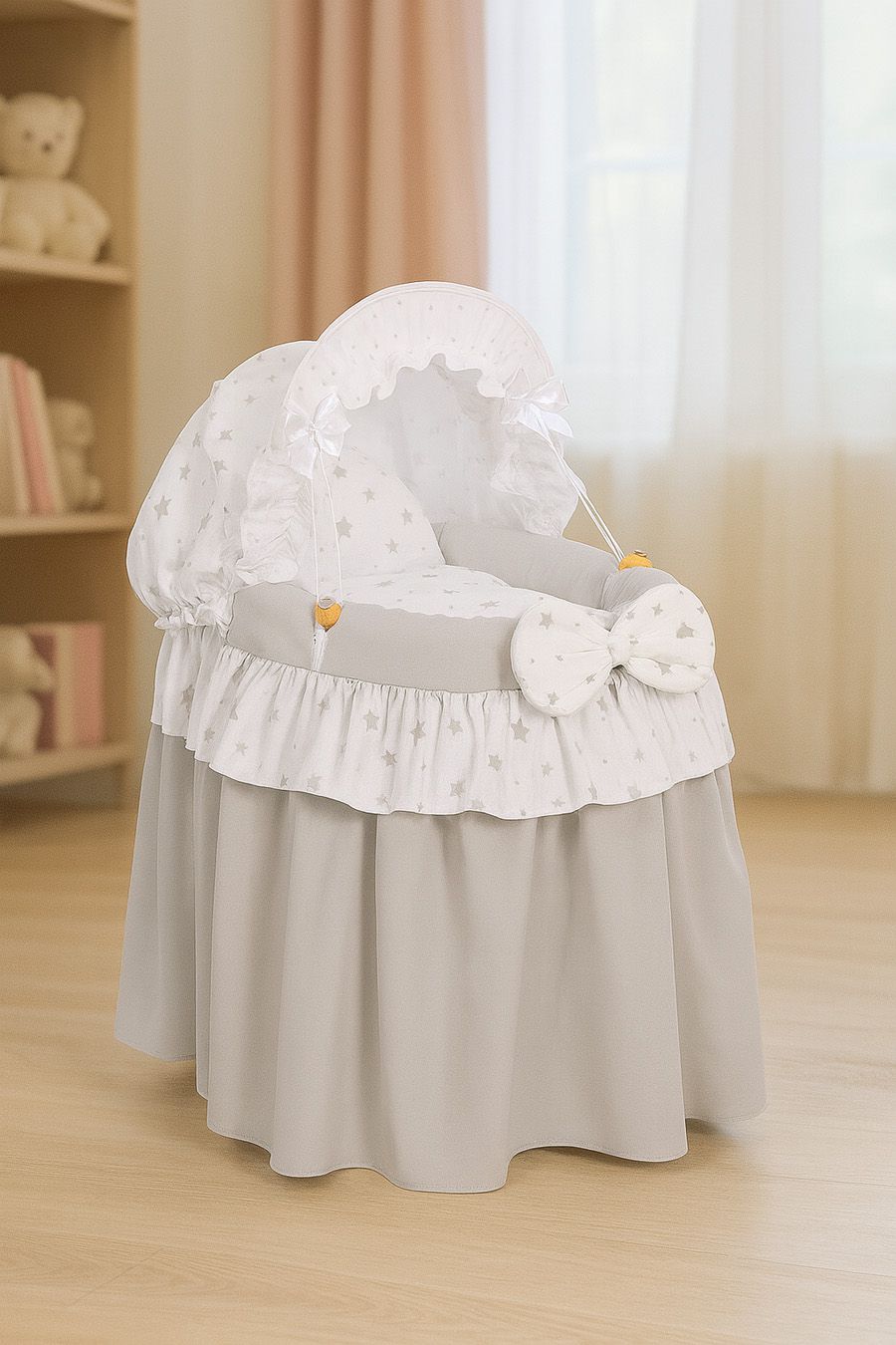 Wicker crib for doll Moses basket for dolls with hood LAURA szary