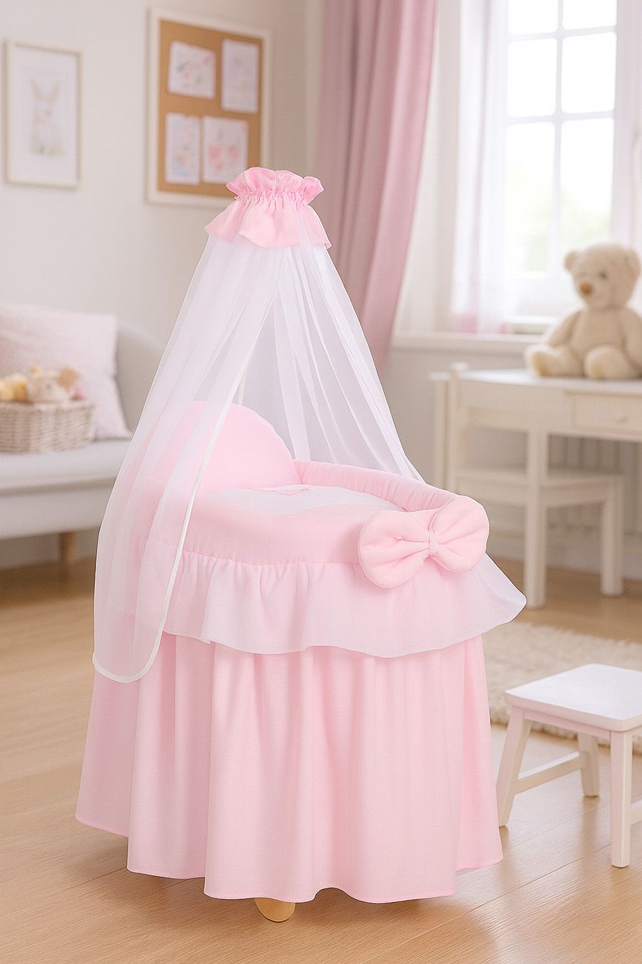 Wicker crib for doll Moses basket for dolls with drape LITTLE PRINCESS pink