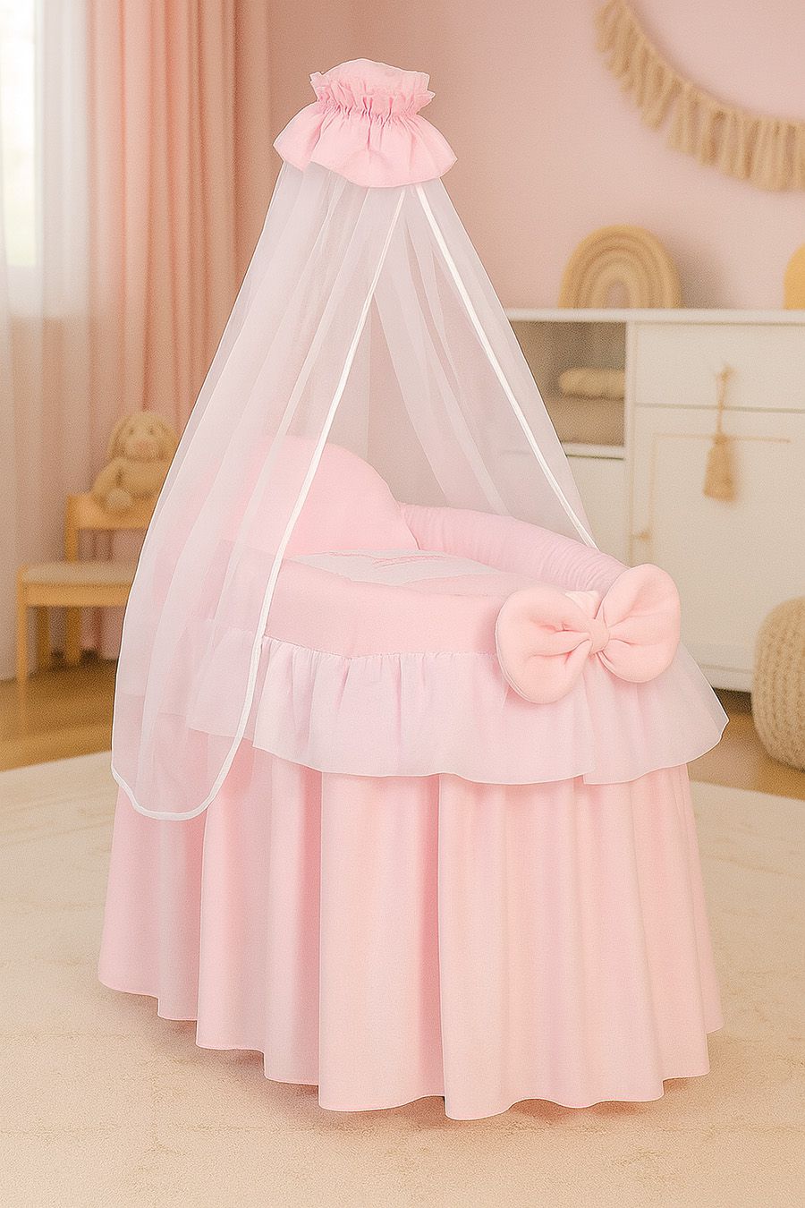 Wicker crib for doll Moses basket for dolls with drape LITTLE PRINCESS pink