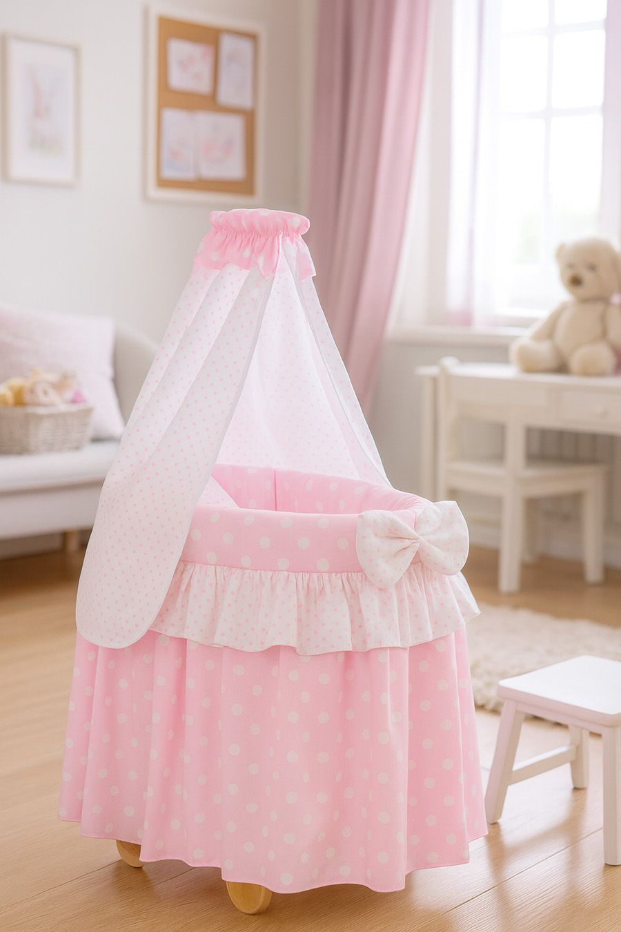 Wicker crib for doll Moses basket for dolls with drape LAURA pink