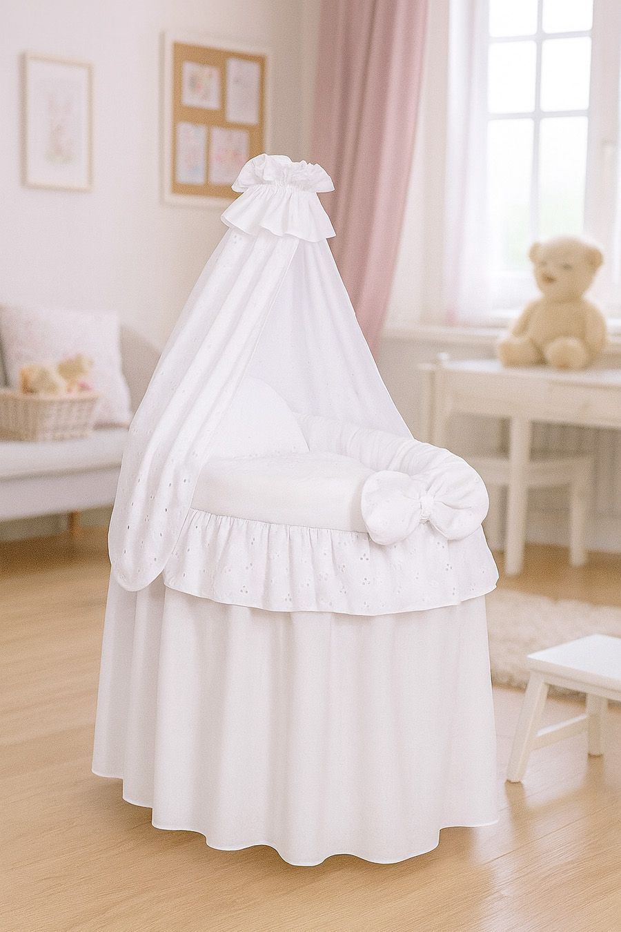Wicker crib for doll Moses basket for dolls with drape AURORA pink with embroidered lace