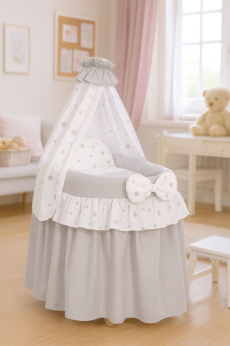 Wicker crib for doll Moses basket for dolls with drape LAURA grey