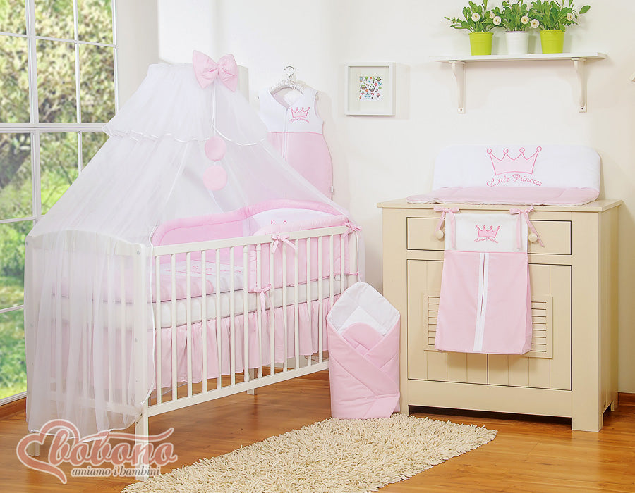 Large mosquito net for baby's bed made of white chiffon with circles and a bow - pink hangers