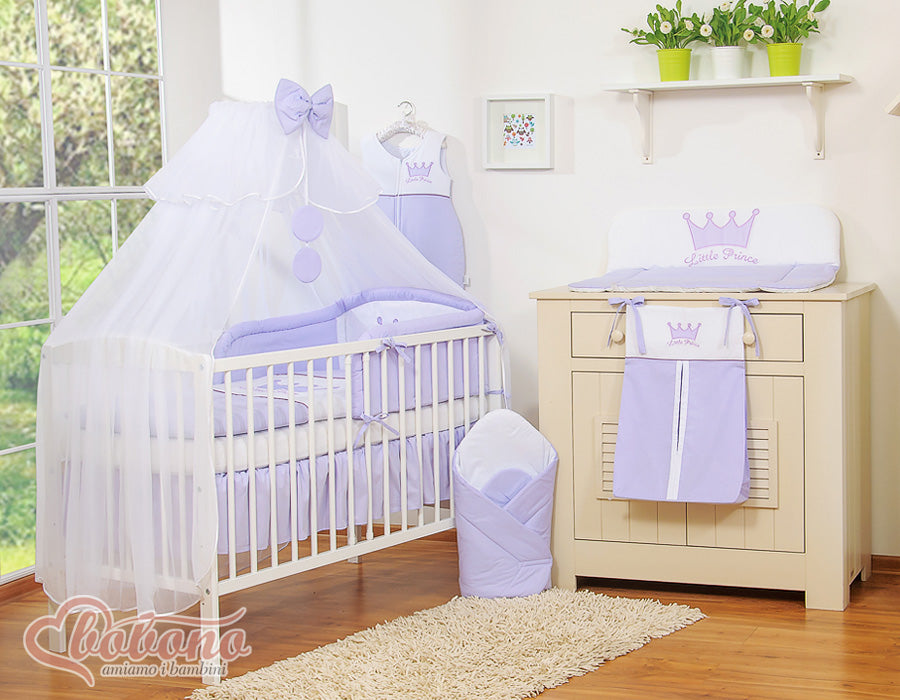 Large mosquito net for baby's bed made of white chiffon with circles and a bow - lilac hangers