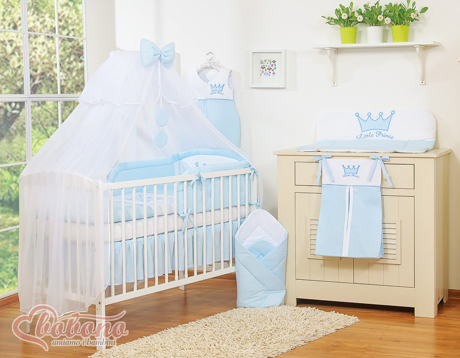 Large mosquito net for baby's bed made of white chiffon with circles and a bow - blue hangers