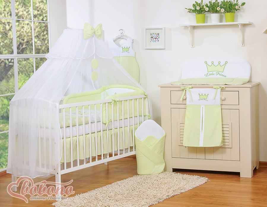 Large mosquito net for baby's bed made of white chiffon with circles and a bow - green hangers