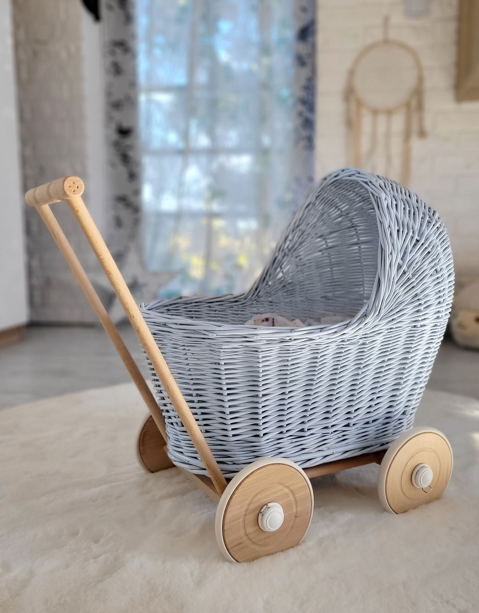 Wicker doll pushchair - blue