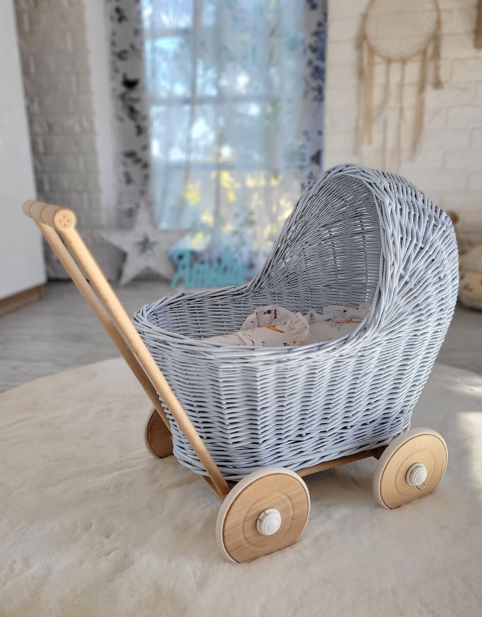 Wicker doll pushchair - blue