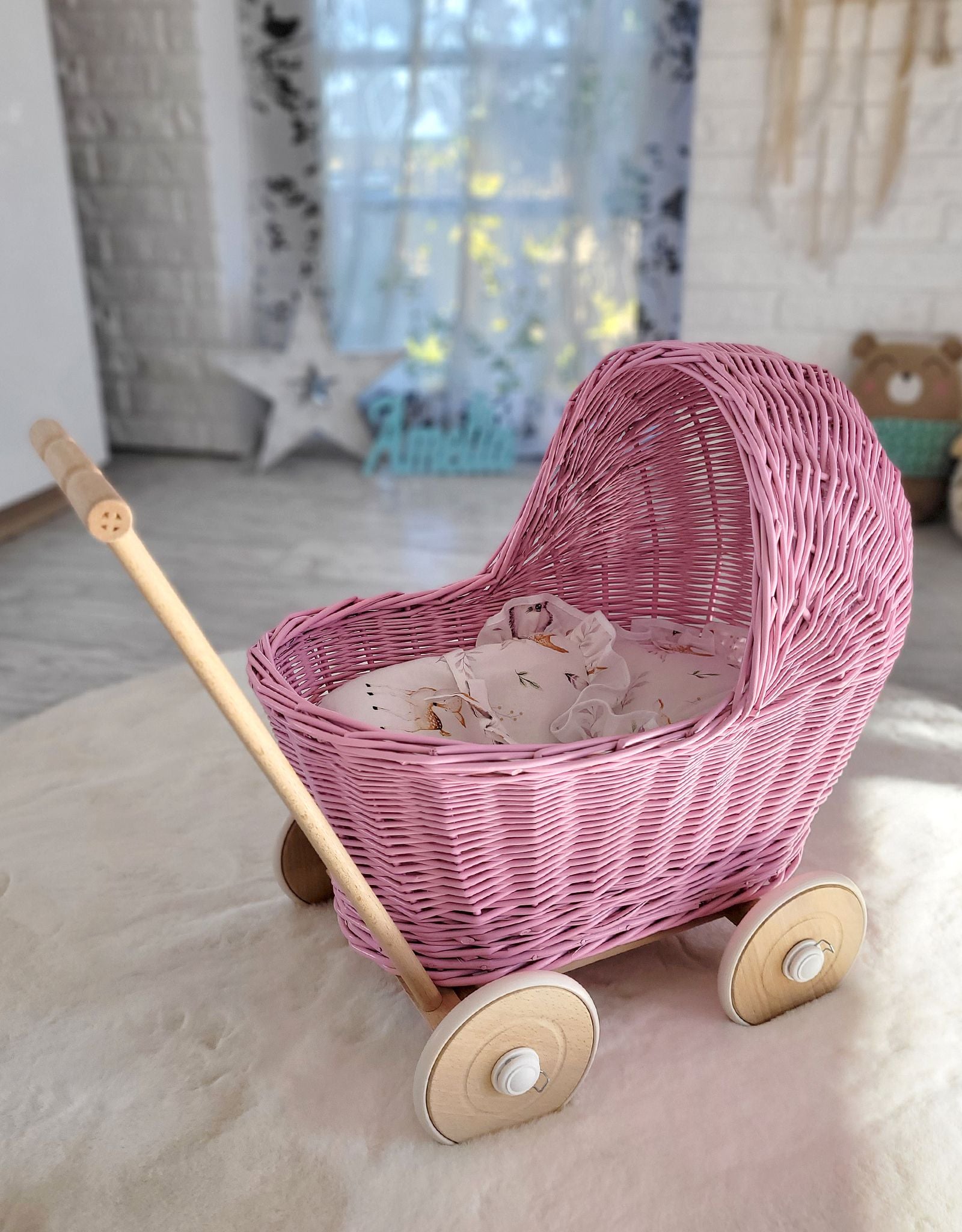 Wicker doll pushchair - pink