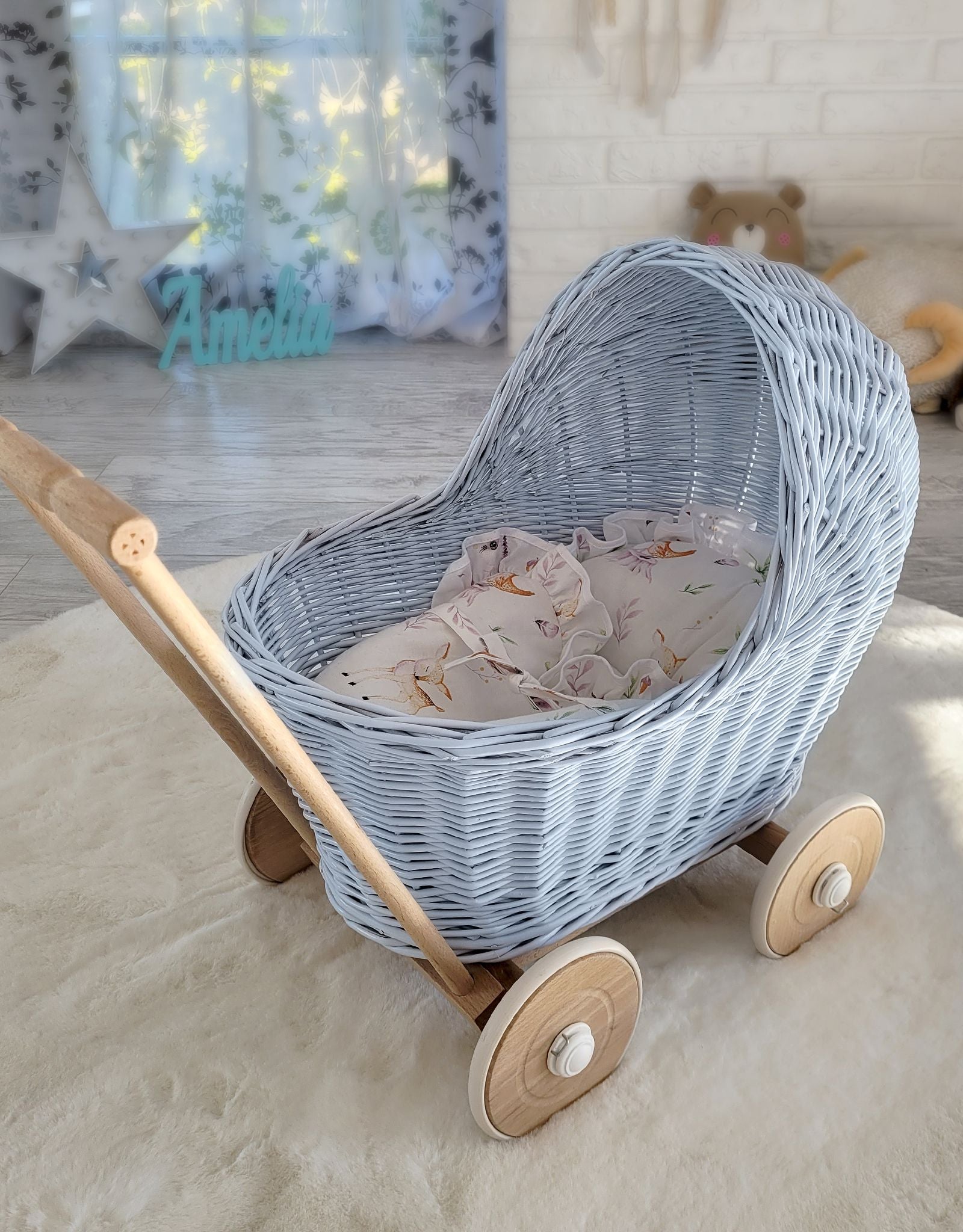 Wicker doll pushchair - blue
