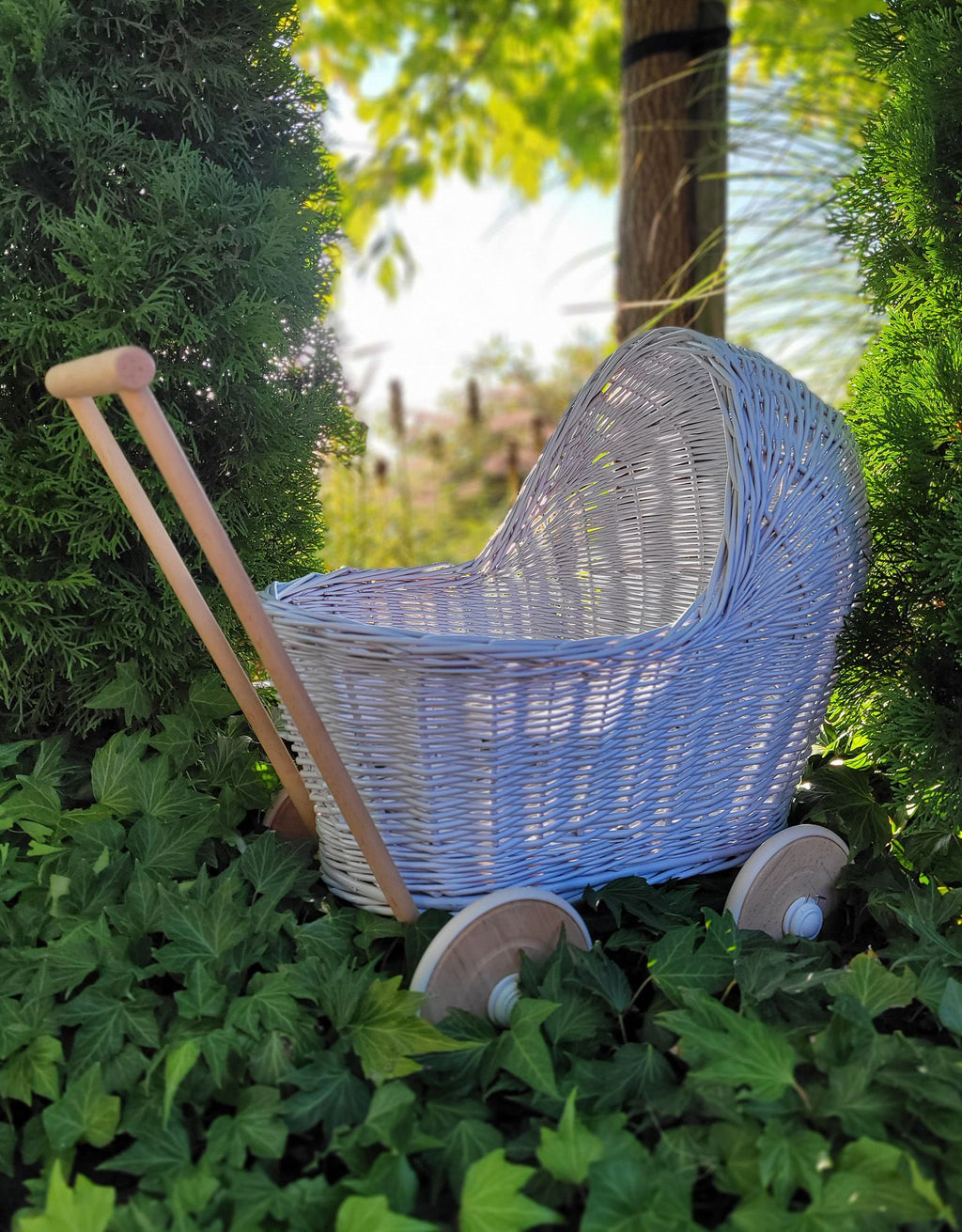 Wicker doll pushchair - blue