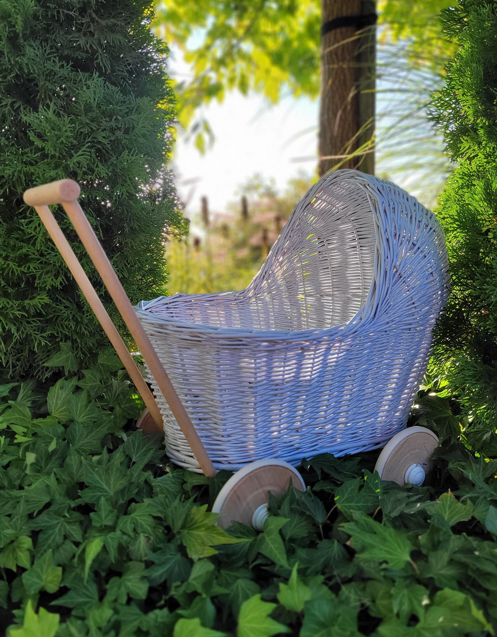Wicker doll pushchair - blue