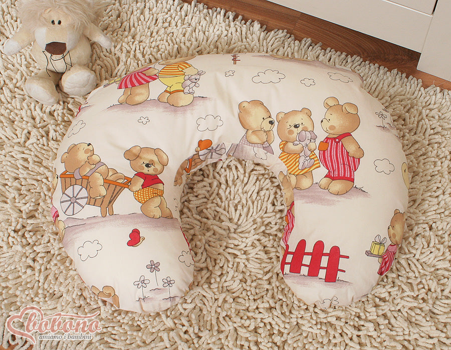 Breastfeeding Pillow Nursing Croissant Pillow, removable, Hands-Free Feeding- Teddies on beige