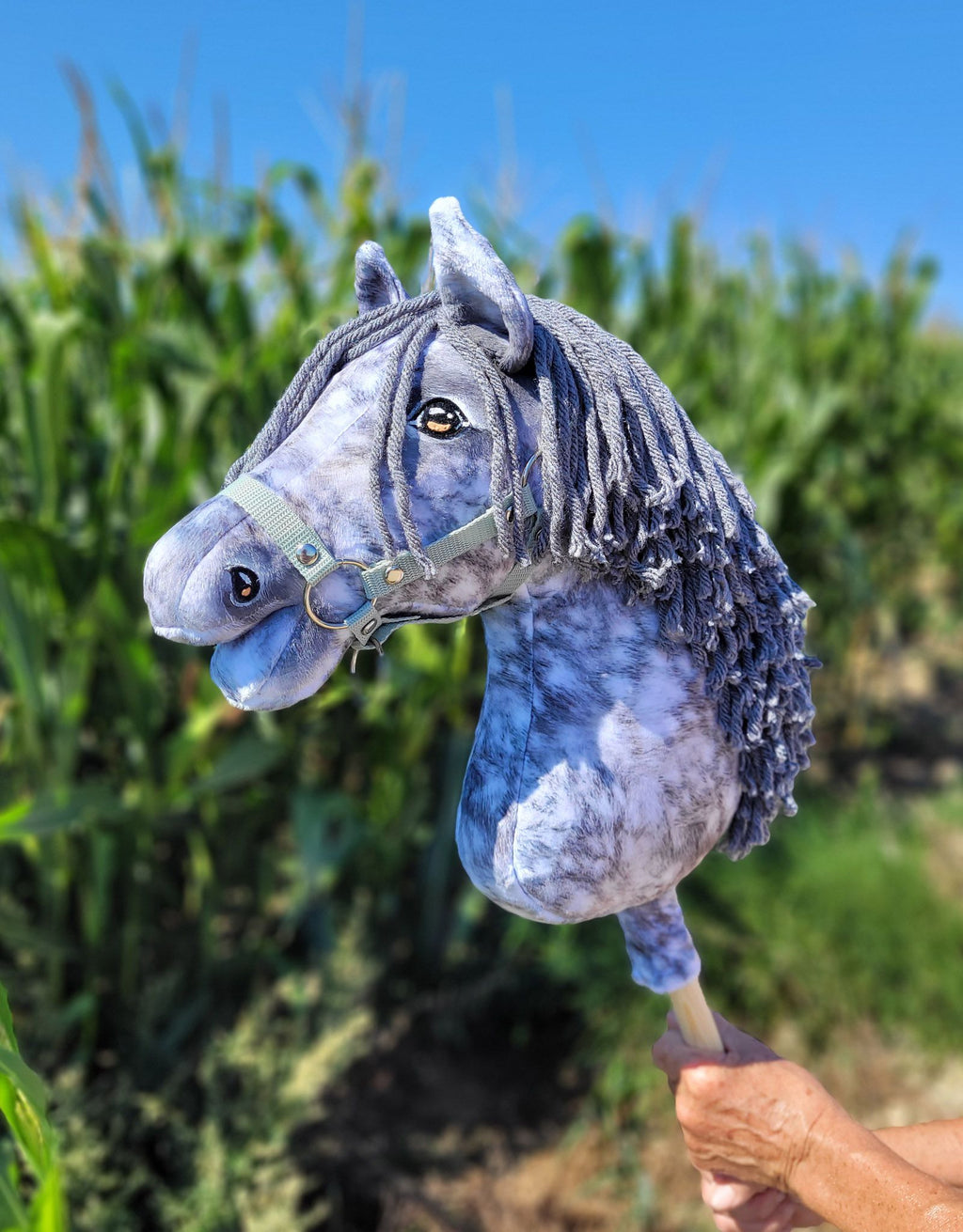 Horse on a stick Super Hobby Horse Premium - dapple grey horse with a grey mane A3