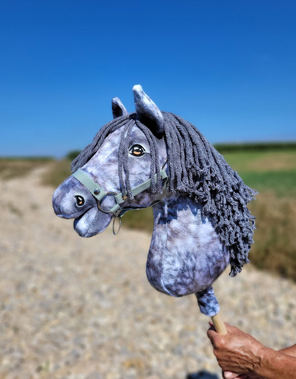 Horse on a stick Super Hobby Horse Premium - dapple grey horse with a grey mane A3