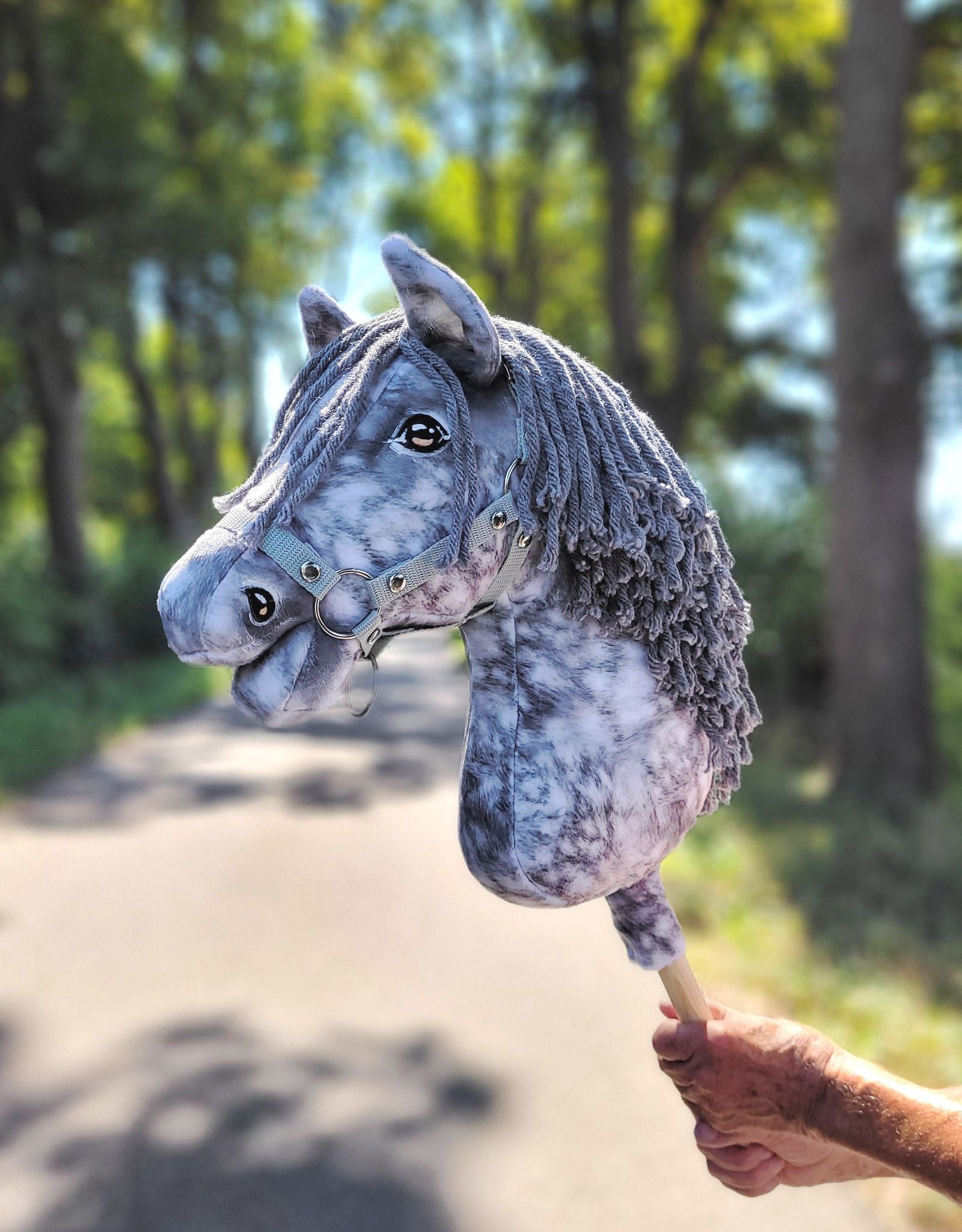 Horse on a stick Super Hobby Horse Premium - dapple grey horse with a grey mane A3