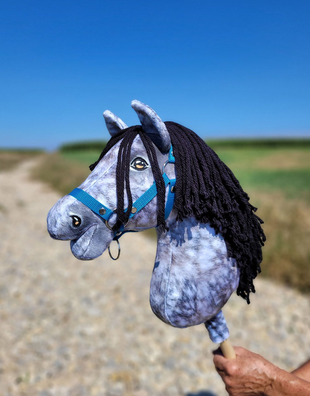 Horse on a stick Super Hobby Horse Premium - dapple grey horse with a black mane A3