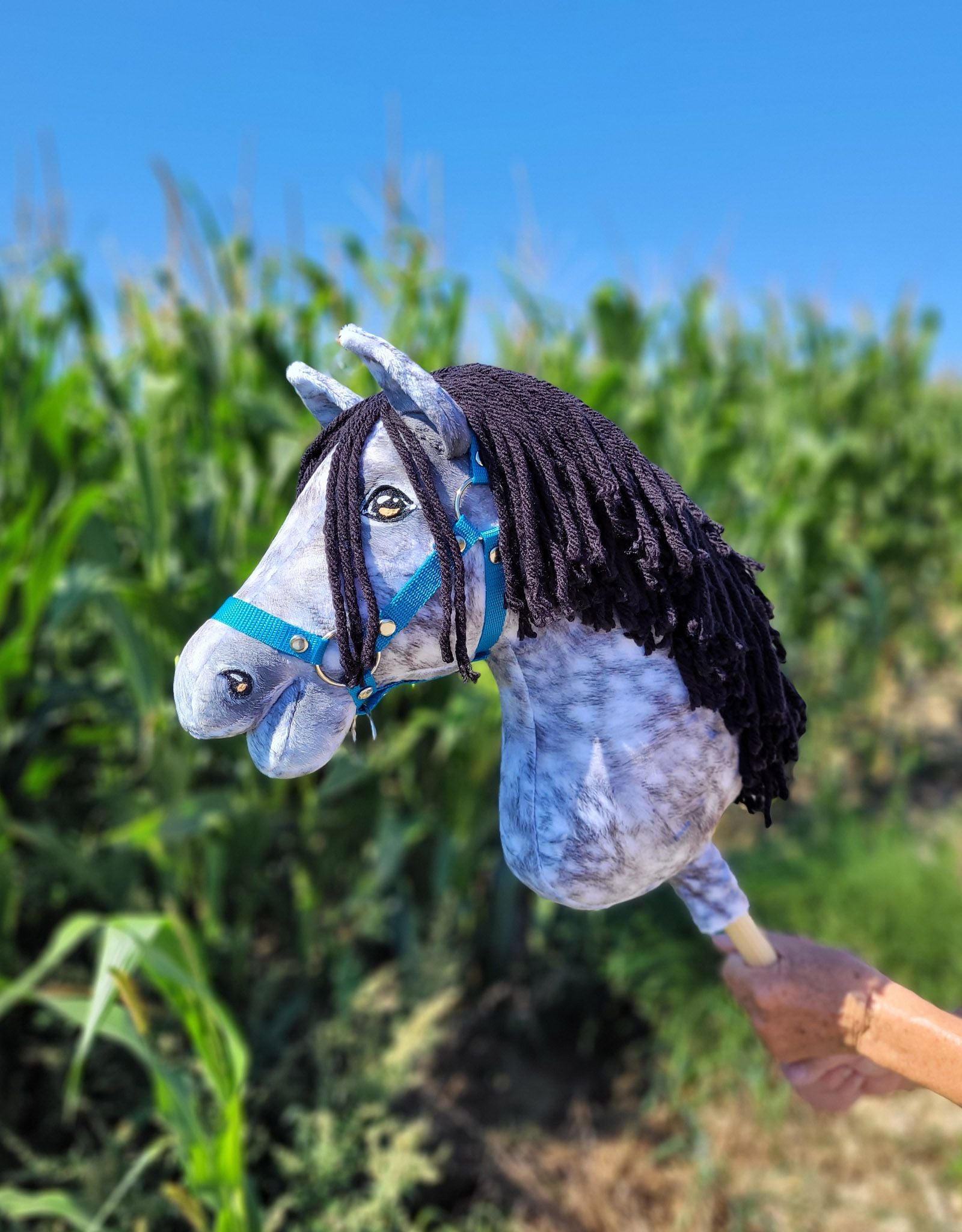 Horse on a stick Super Hobby Horse Premium - dapple grey horse with a black mane A3