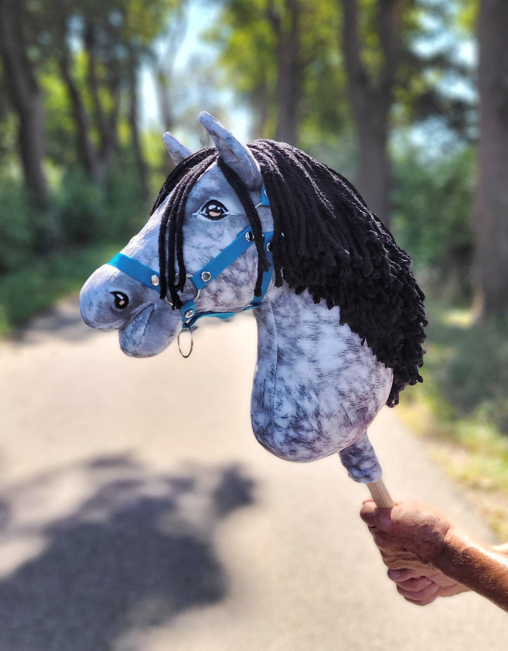 Horse on a stick Super Hobby Horse Premium - dapple grey horse with a black mane A3