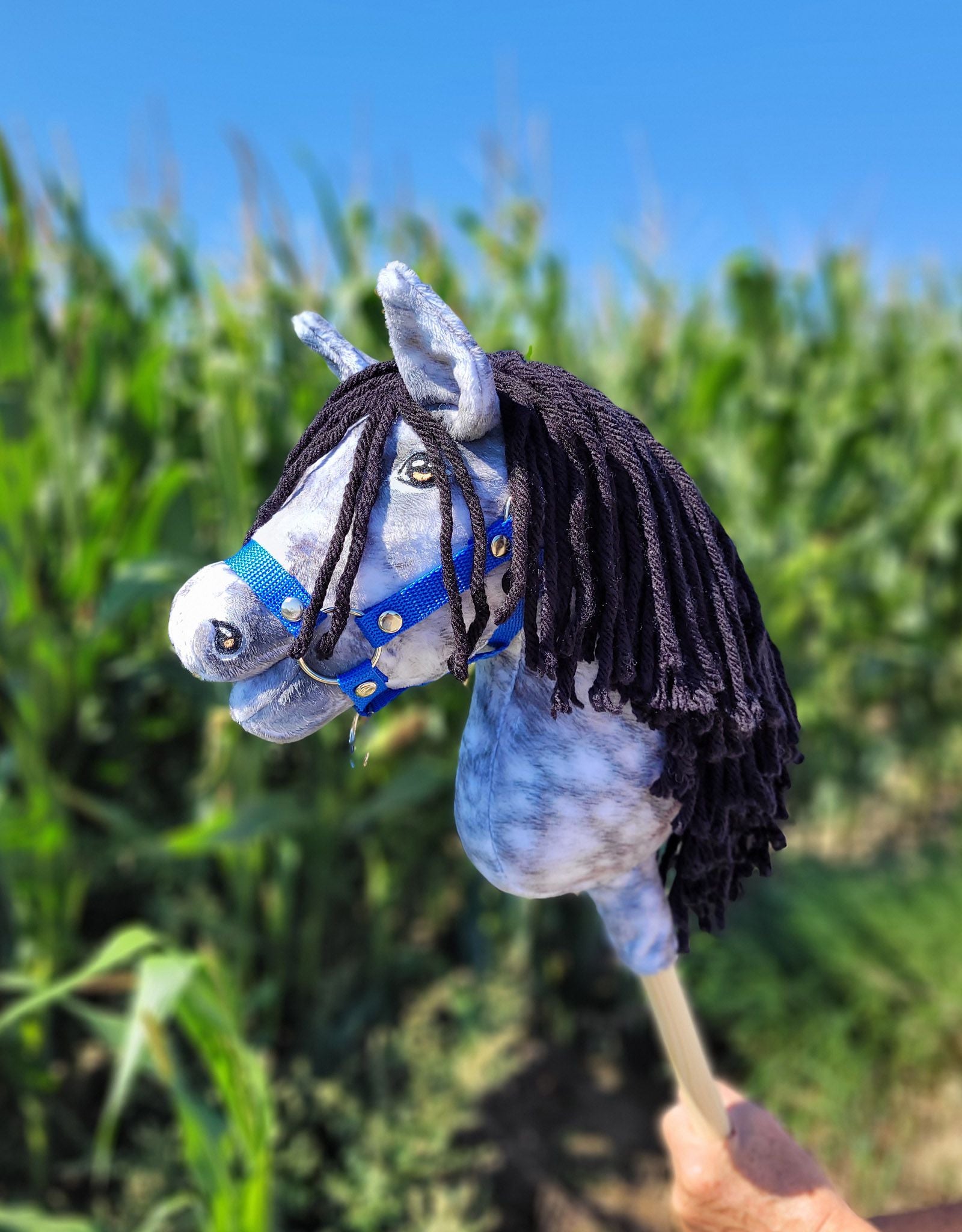 Horse on a stick Super Hobby Horse Premium - dapple grey horse with a black mane A4