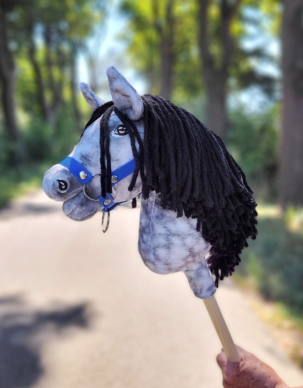 Horse on a stick Super Hobby Horse Premium - dapple grey horse with a black mane A4