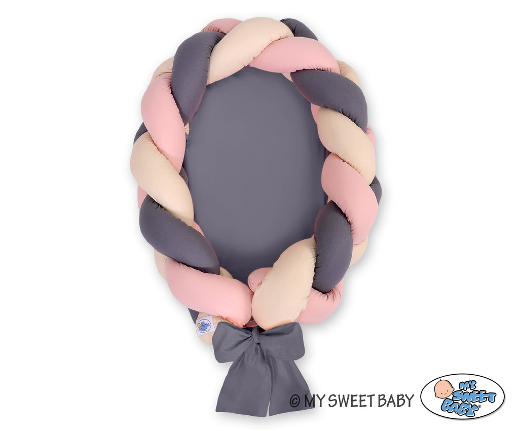 Braided baby nest 2 in 1 - beige-pastel pink-anthracite